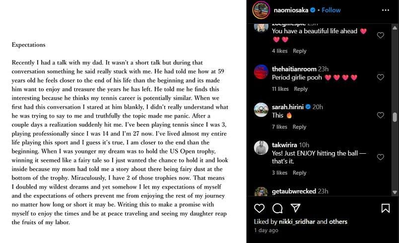 Screenshot of Naomi Osaka's Instagram post (@naomiosaka/ig)